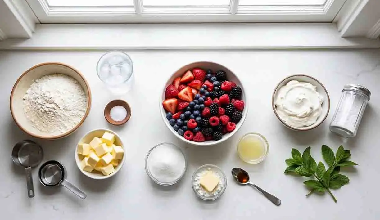 Bursting with Flavor: Berry Tart Pie - A Sweet Delight! 2 Fresh ingredients for Berry Tart Pie including strawberries, blueberries, raspberries, blackberries, flour, butter, sugar, lemon juice, and cream arranged on a marble surface in natural light.