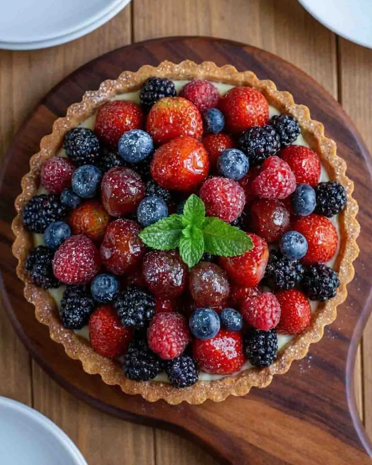 Bursting with Flavor: Berry Tart Pie - A Sweet Delight! 3 Close-up of a homemade berry tart pie topped with fresh strawberries, blueberries, and blackberries dusted with powdered sugar on a golden flaky crust.