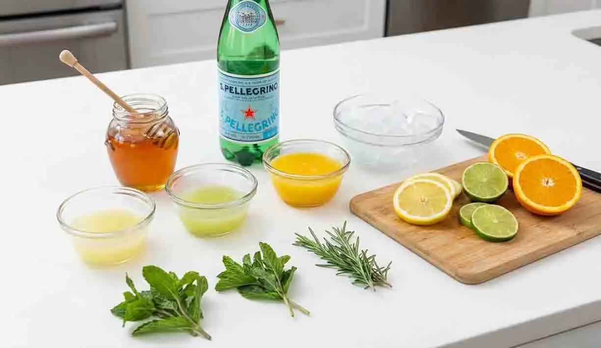 Zest for Life: Citrus Sparkler Mocktail - A Refreshing Blend of Citrus Delights! 2 Citrus Sparkler Mocktail ingredients with fresh lemon, lime, orange juice, honey, herbs, and sparkling water on a kitchen counter