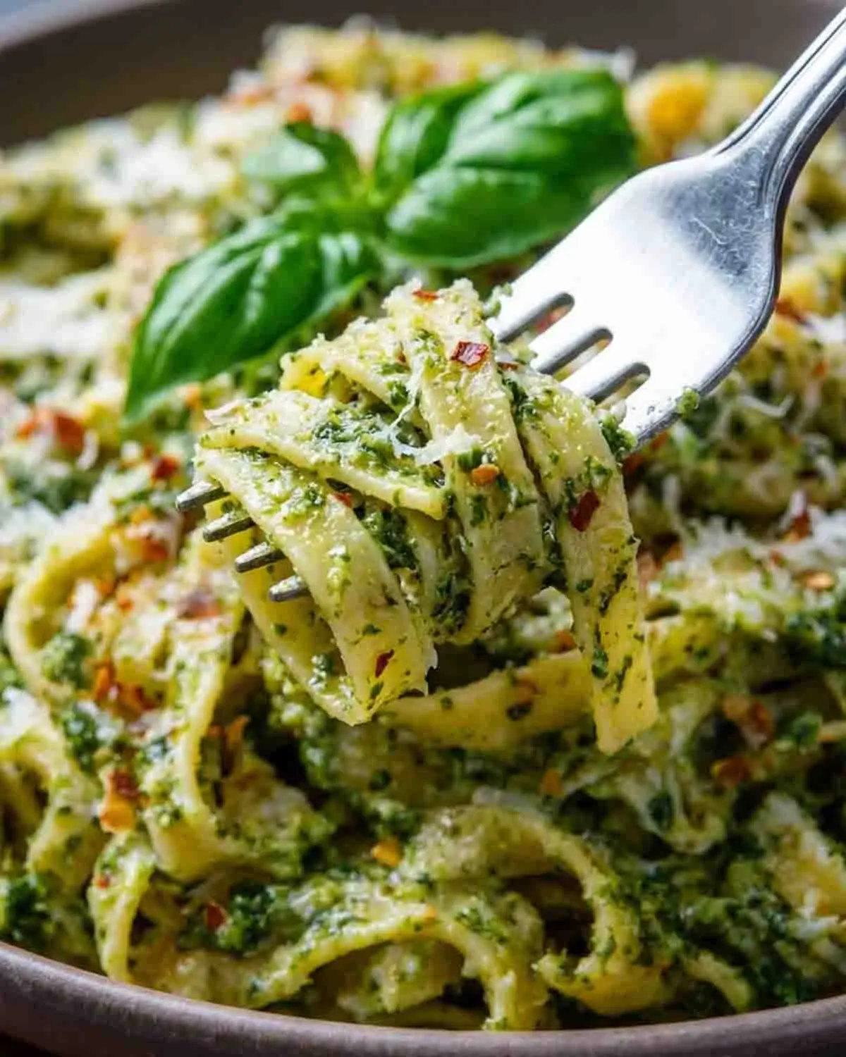 Creamy Pesto Pasta: A Harmony of Freshness and Indulgence 3 Close-up of creamy pesto pasta on a fork with parmesan cheese and fresh basil