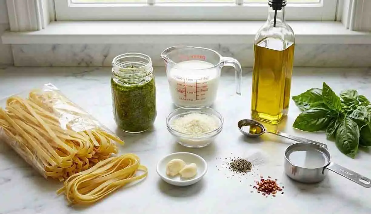 Creamy Pesto Pasta: A Harmony of Freshness and Indulgence 2 Creamy pesto pasta ingredients including fresh basil, pesto, pasta, olive oil, garlic, parmesan cheese, and cream on a kitchen counter