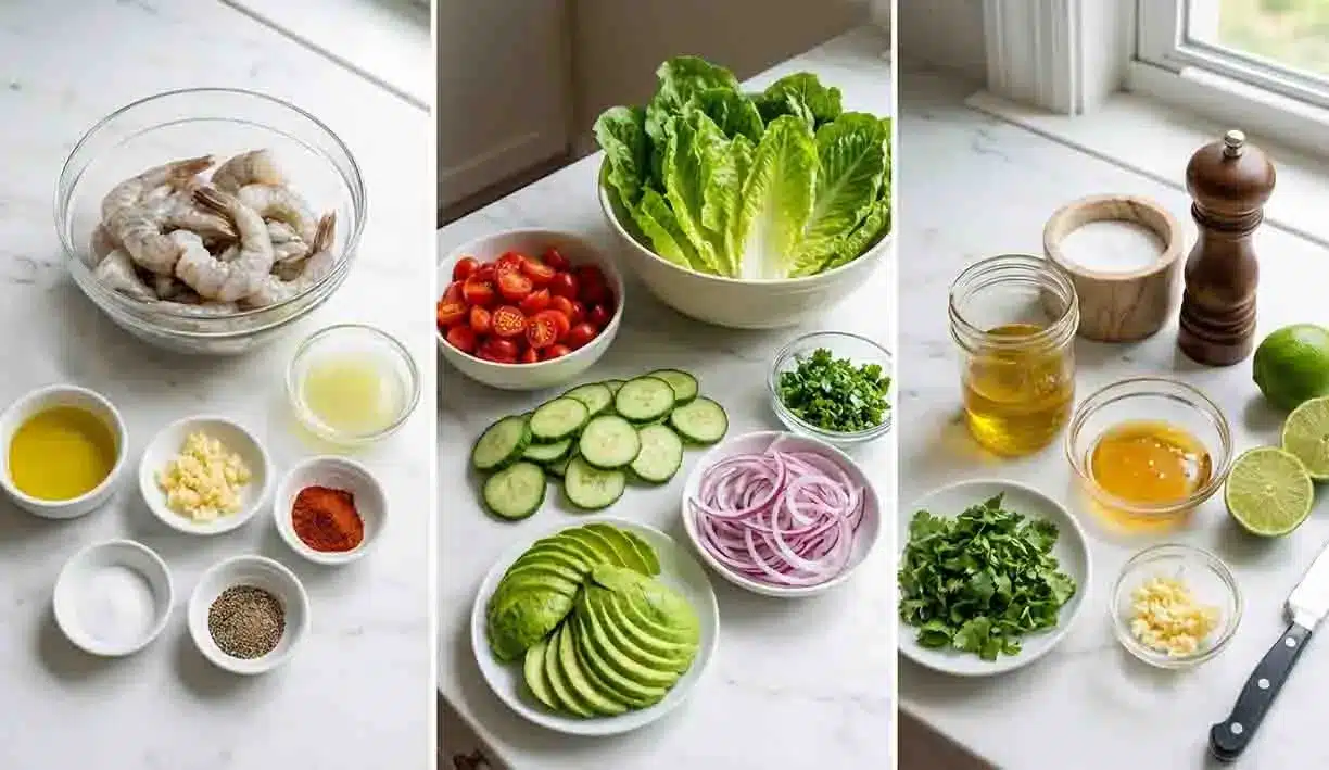 Grilled Shrimp Avocado Salad: A Burst of Zesty Freshness 2 Grilled shrimp avocado salad ingredients including raw shrimp, avocado slices, lettuce, cucumber, cherry tomatoes, red onion, lime, garlic, and olive oil