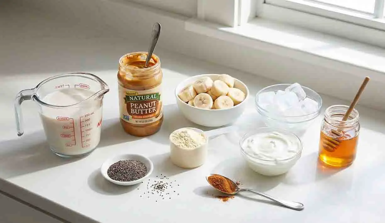 Healthy Protein Peanut Butter Smoothie: Nutty Goodness 2 Healthy protein peanut butter smoothie ingredients on a white kitchen counter including peanut butter, banana slices, milk, yogurt, protein powder, chia seeds, honey, and ice in natural light