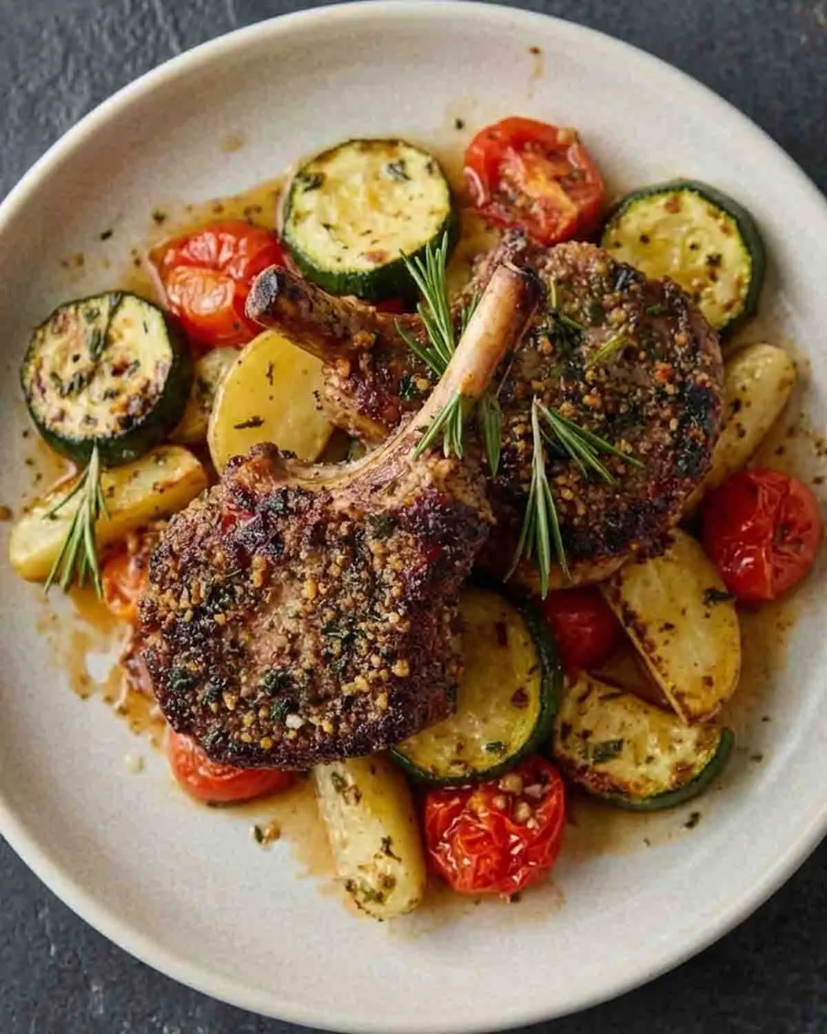 A Culinary Symphony: Herb-Crusted Lamb Chops with Roasted Vegetables 3 Herb-crusted lamb chops plated with roasted zucchini, cherry tomatoes, and potatoes garnished with fresh rosemary