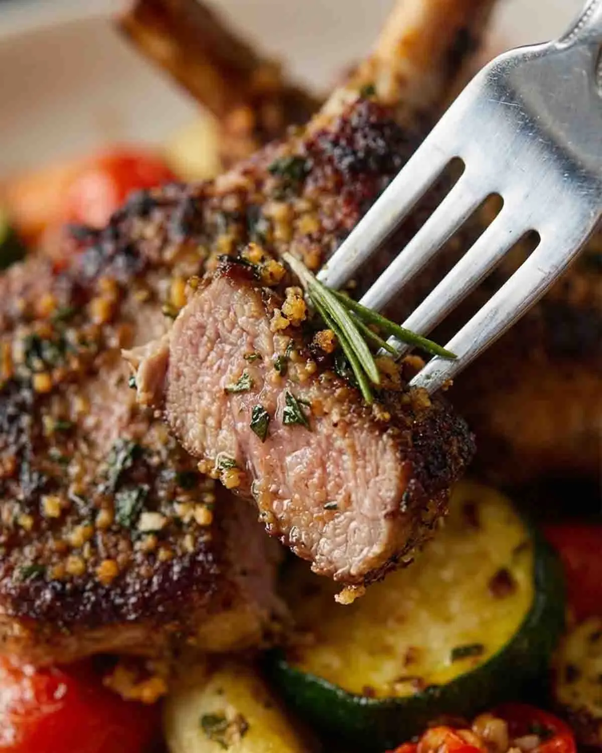 A Culinary Symphony: Herb-Crusted Lamb Chops with Roasted Vegetables 4 Close-up of herb-crusted lamb chop being sliced, showing juicy interior with roasted vegetables and fresh rosemary