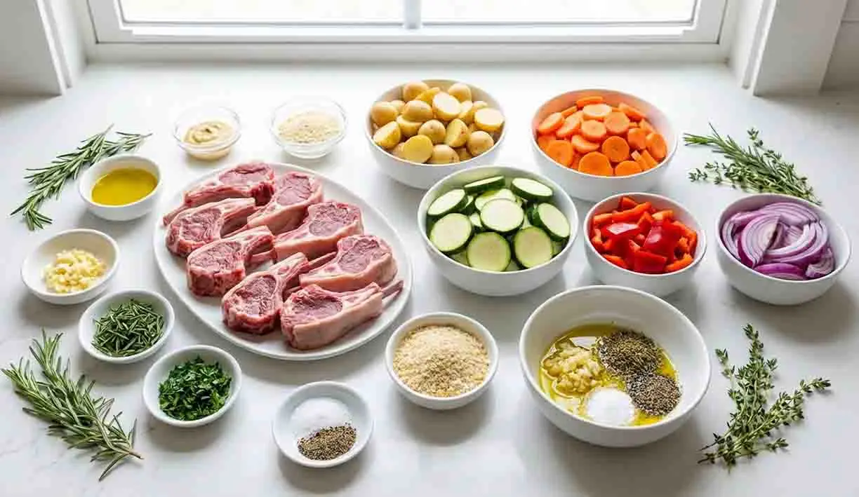A Culinary Symphony: Herb-Crusted Lamb Chops with Roasted Vegetables 2 Herb-crusted lamb chops with fresh ingredients including garlic, rosemary, thyme, and assorted vegetables prepared for roasting