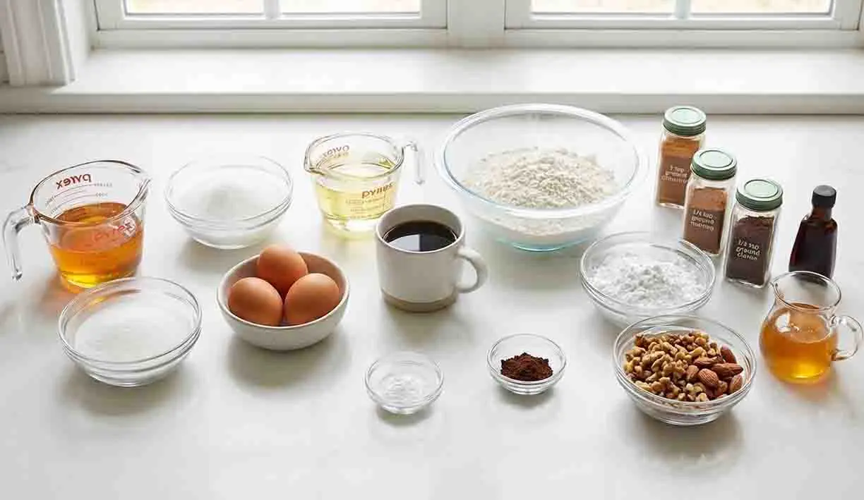 Sweet Sensation: Baking the Perfect Honey Cake 2 Honey cake ingredients including eggs, flour, sugar, honey, and nuts arranged on a kitchen counter