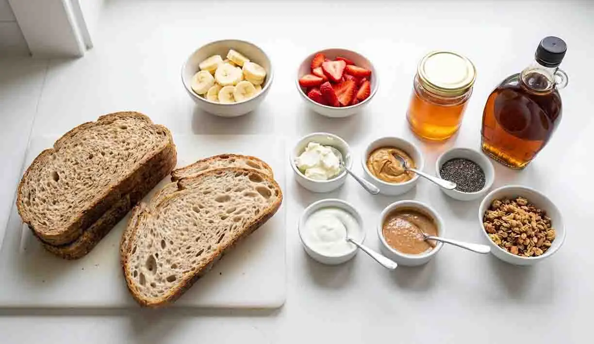 Strawberry Banana Toast: A Burst of Sweetness to Brighten Your Day 2 Sliced bread with bowls of fresh strawberries, banana slices, yogurt, peanut butter, chia seeds, granola, honey, and maple syrup arranged on a clean kitchen surface for making strawberry banana toast.
