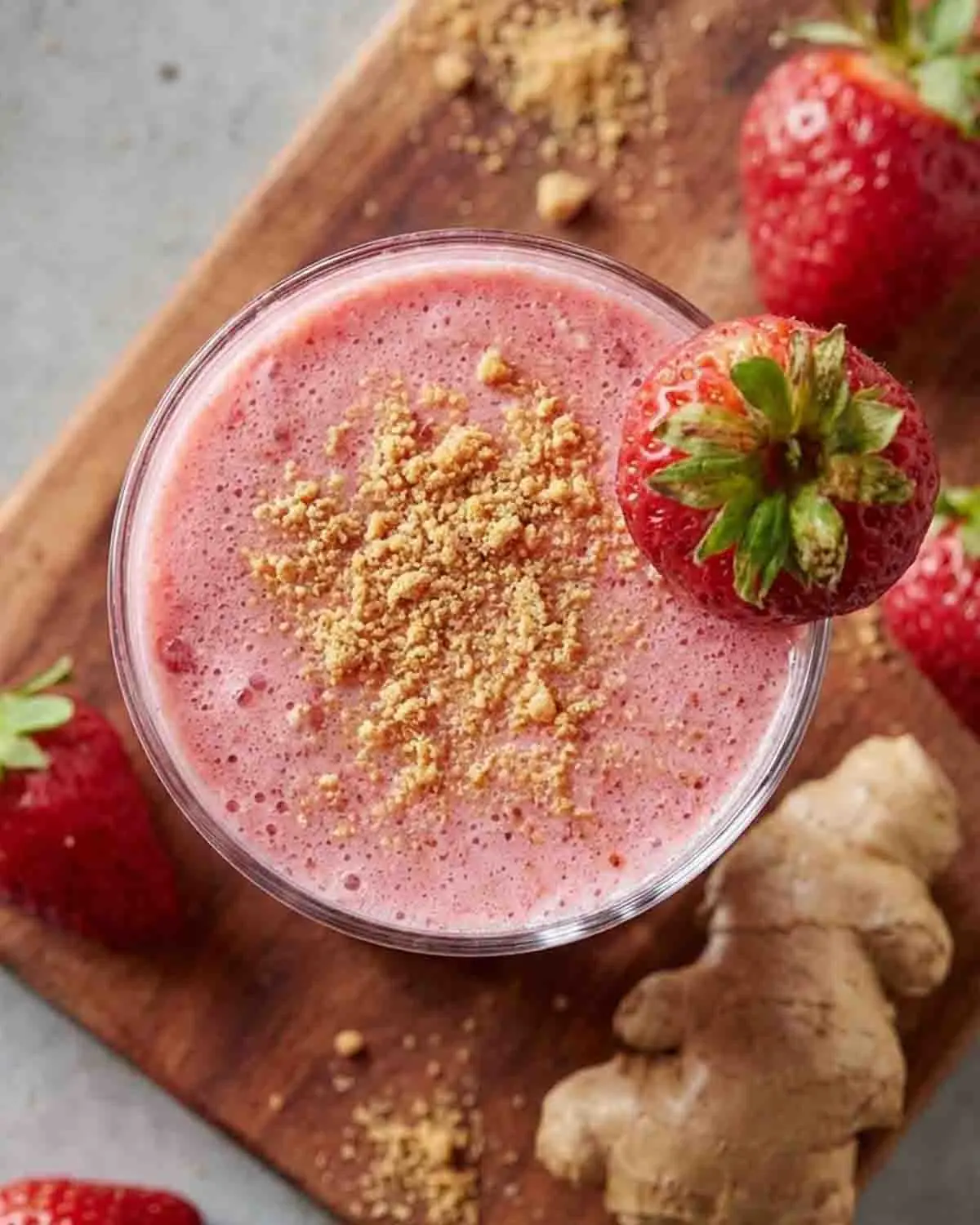 Strawberry Ginger Snap Smoothie: A Fusion of Flavors 3 Top view of strawberry ginger snap smoothie with crushed cookies and fresh strawberry garnish on a wooden board