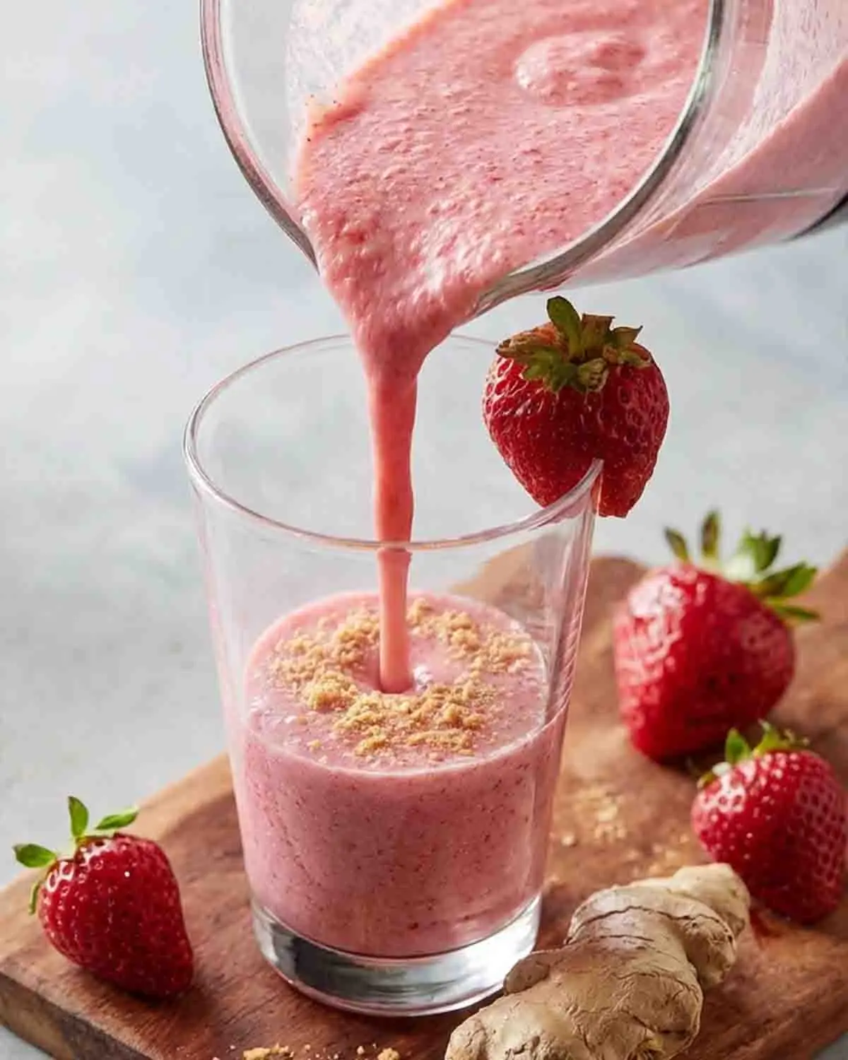 Strawberry Ginger Snap Smoothie: A Fusion of Flavors 4 Strawberry ginger snap smoothie in a glass with creamy pink texture and fresh strawberries on the side