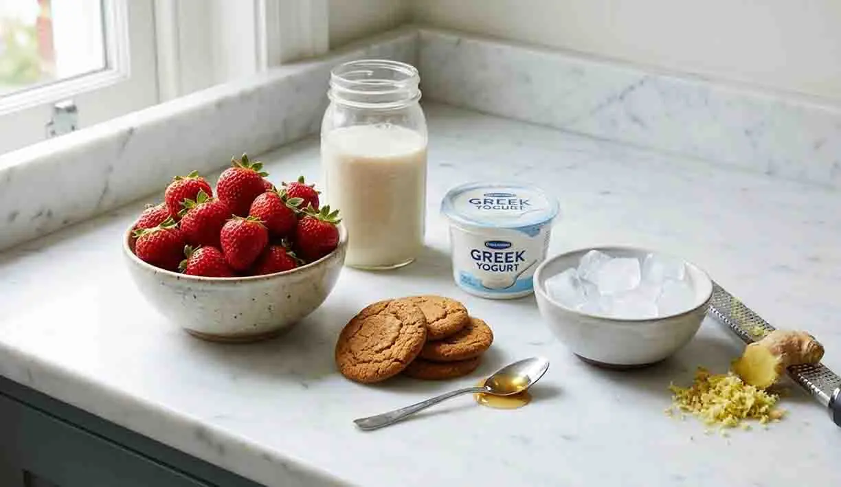 Strawberry Ginger Snap Smoothie: A Fusion of Flavors 2 Ingredients for strawberry ginger snap smoothie including fresh strawberries, Greek yogurt, milk, ginger snap cookies, honey, ice, and grated ginger