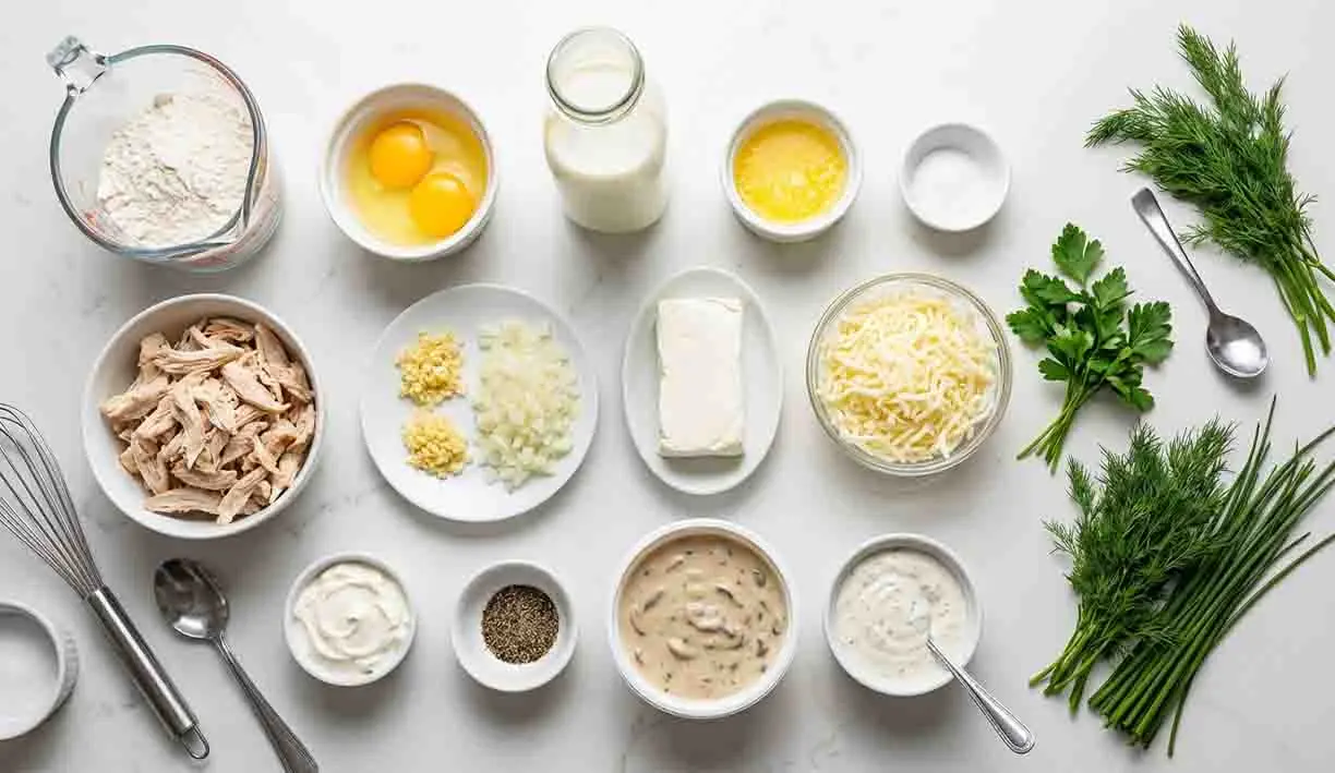 Savory Crepe Indulgence: Chicken Crepe Wraps for a Flavorful Lunch! 2 Ingredients for chicken crepe wraps including shredded chicken, flour, eggs, milk, butter, cream cheese, shredded cheese, garlic, onion, herbs, and sauces arranged on a white surface