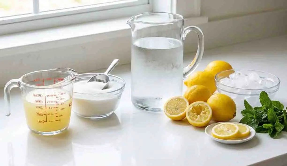 The Best Lemonade Recipe: A Refreshing Twist to Beat the Summer Heat 2 Fresh homemade lemonade recipe in a glass with ice and lemon slices on a kitchen counter