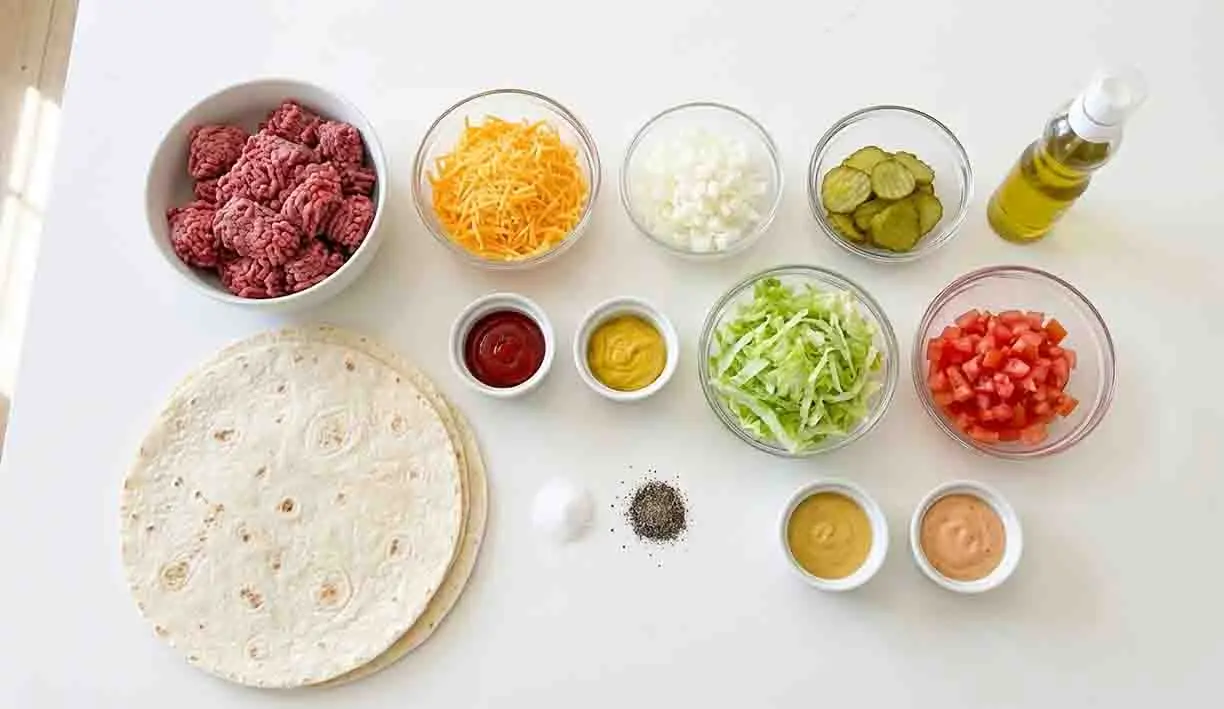 Air Fryer Cheeseburger Wraps 2 Air fryer cheeseburger wraps ingredients including ground beef, shredded cheese, tortillas, lettuce, tomatoes, pickles, onions, and burger sauces arranged on a clean surface
