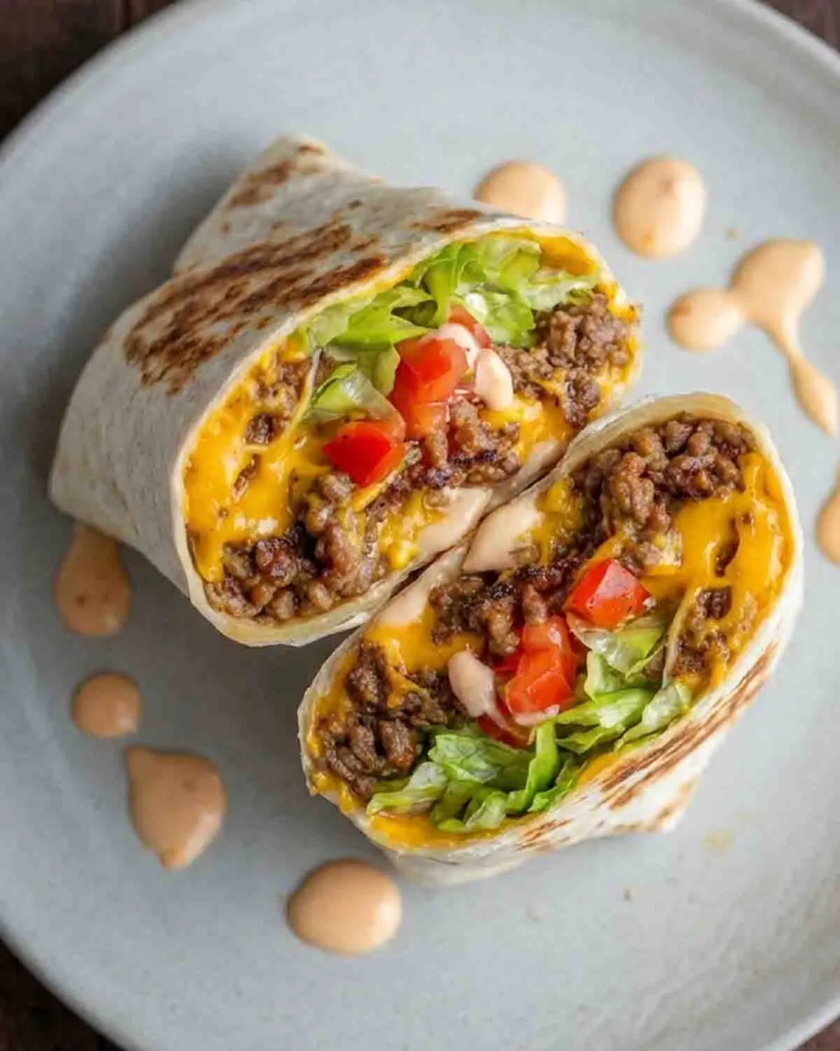 Air Fryer Cheeseburger Wraps 4 Air fryer cheeseburger wraps sliced in half showing juicy ground beef, melted cheddar cheese, lettuce, and tomatoes inside a crispy tortilla with creamy burger sauce on a plate