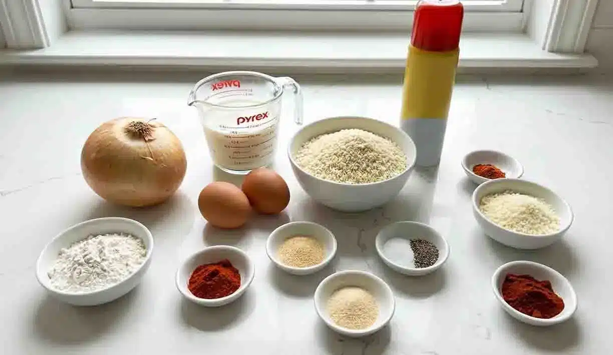 Air-Fryer Crispy Onion Petals 2 Air-Fryer Crispy Onion Petals ingredients arranged on a counter, including a whole onion, eggs, flour, panko breadcrumbs, milk, and assorted spices.