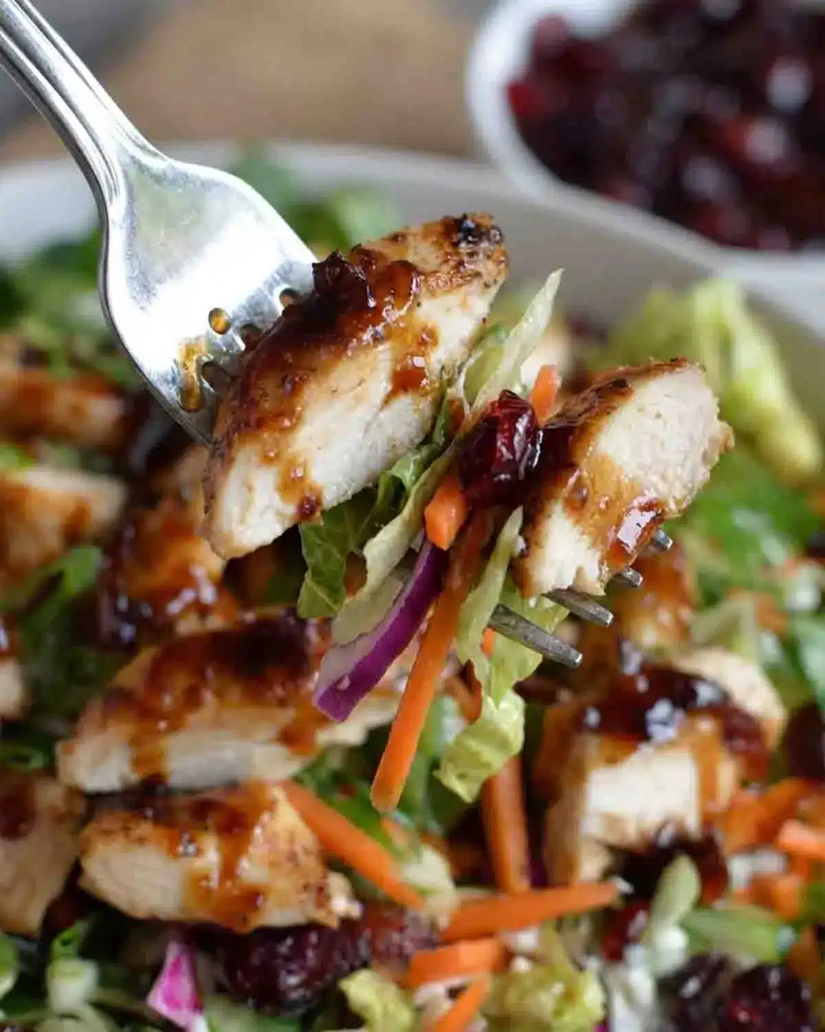 Asian Chicken Cranberry Salad 3 fork lifting Asian chicken cranberry salad with grilled chicken, dried cranberries, cabbage, carrots, and sesame dressing