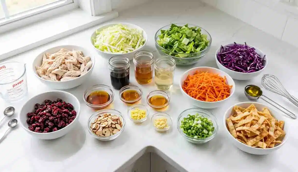 Asian Chicken Cranberry Salad 2 Asian chicken cranberry salad ingredients including shredded chicken, cabbage, carrots, cranberries, almonds, green onions, and sesame dressing components