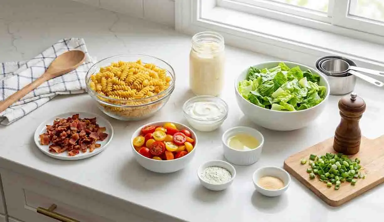 BLT Pasta Salad Recipe 2 BLT pasta salad ingredients on a kitchen counter with bacon, rotini pasta, lettuce, cherry tomatoes, and creamy dressing