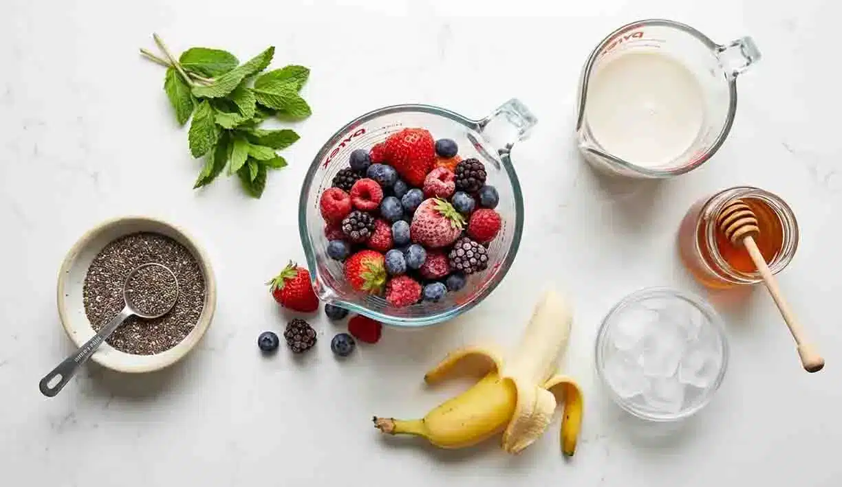 Berry, Chia, and Mint Smoothie 2 Berry, Chia, and Mint Smoothie ingredients with mixed berries, chia seeds, fresh mint, banana, milk, and honey on a clean surface