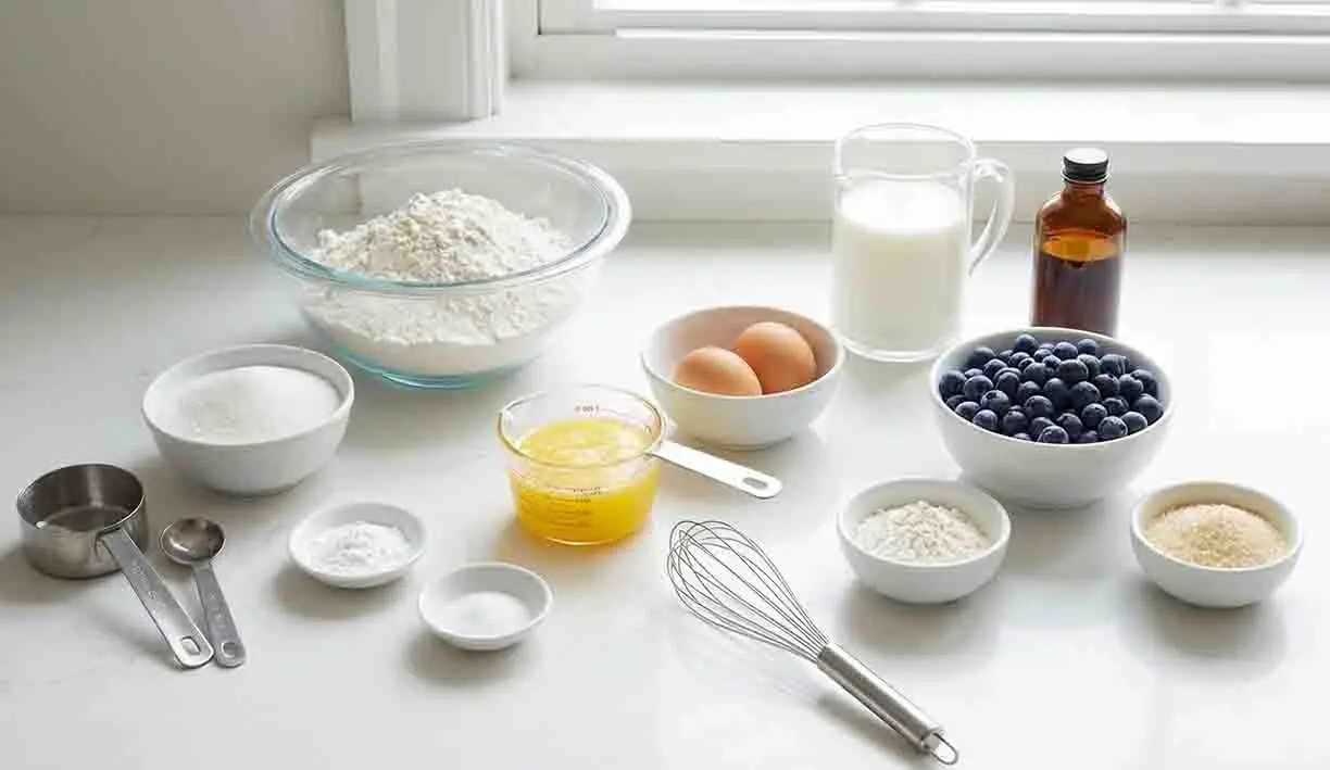 Blueberry Muffins Recipe 2 Ingredients for blueberry muffins Recipe including flour, sugar, eggs, milk, butter, vanilla, and fresh blueberries arranged on a clean kitchen counter.