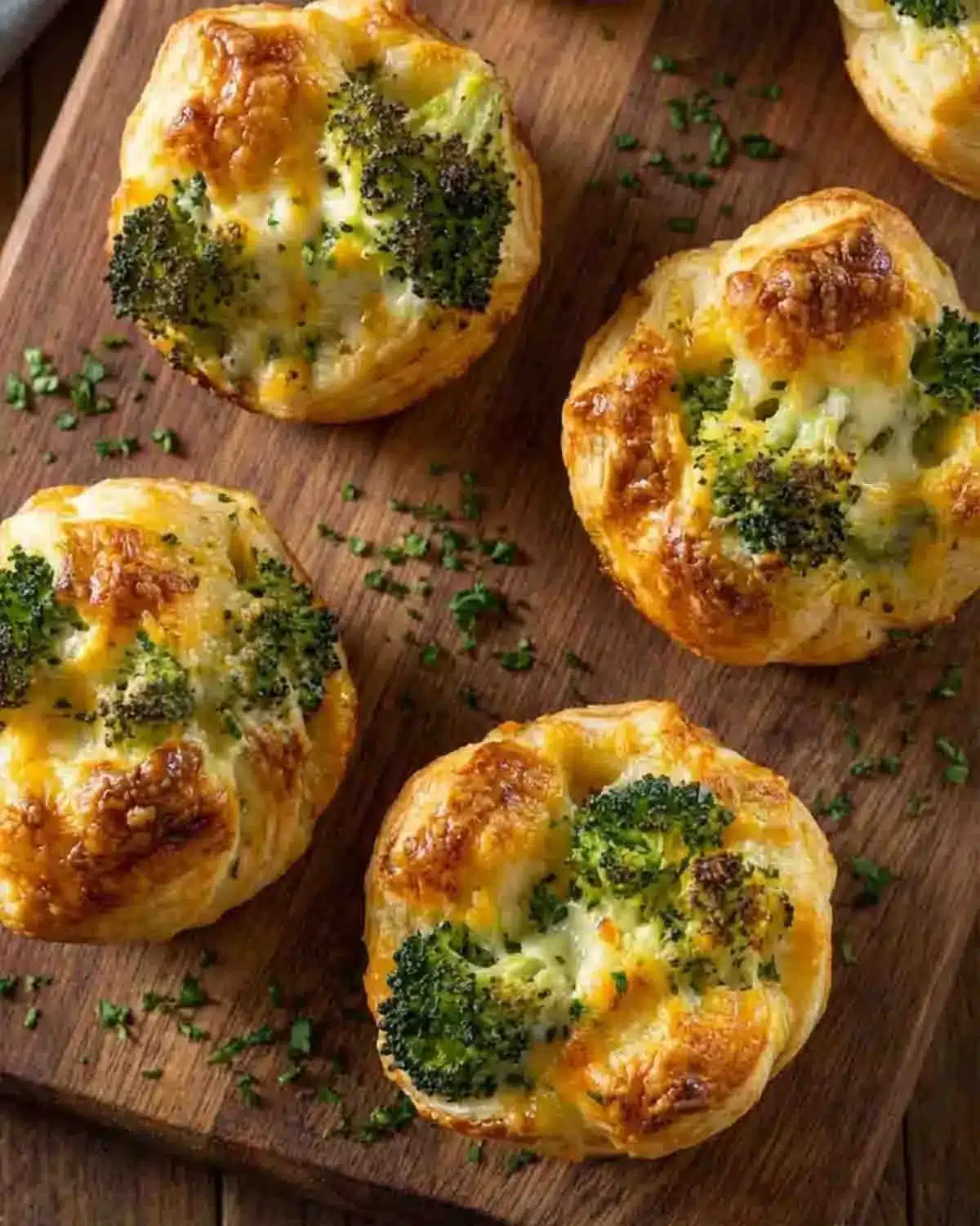 Cheesy Broccoli Puffs 3 Cheesy broccoli puffs baked until golden brown with melted cheese and broccoli florets on a wooden board