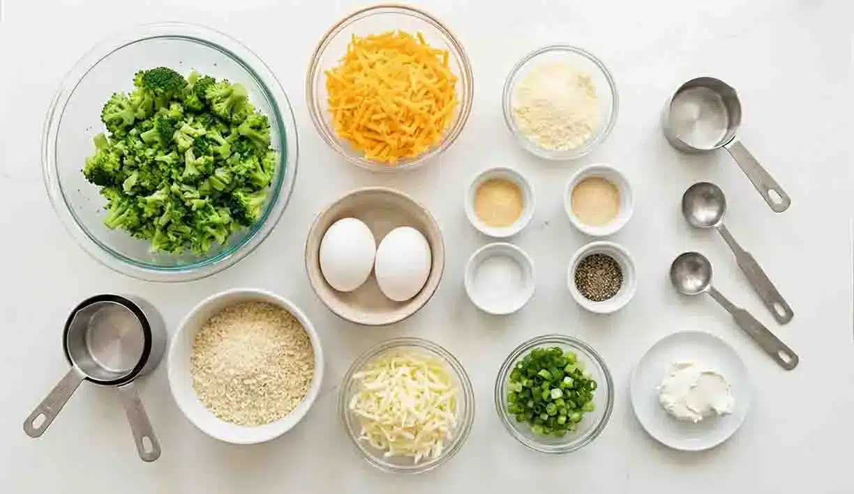 Cheesy Broccoli Puffs 2 Cheesy broccoli puffs ingredients including chopped broccoli, cheddar cheese, eggs, breadcrumbs, and seasonings arranged on a white surface