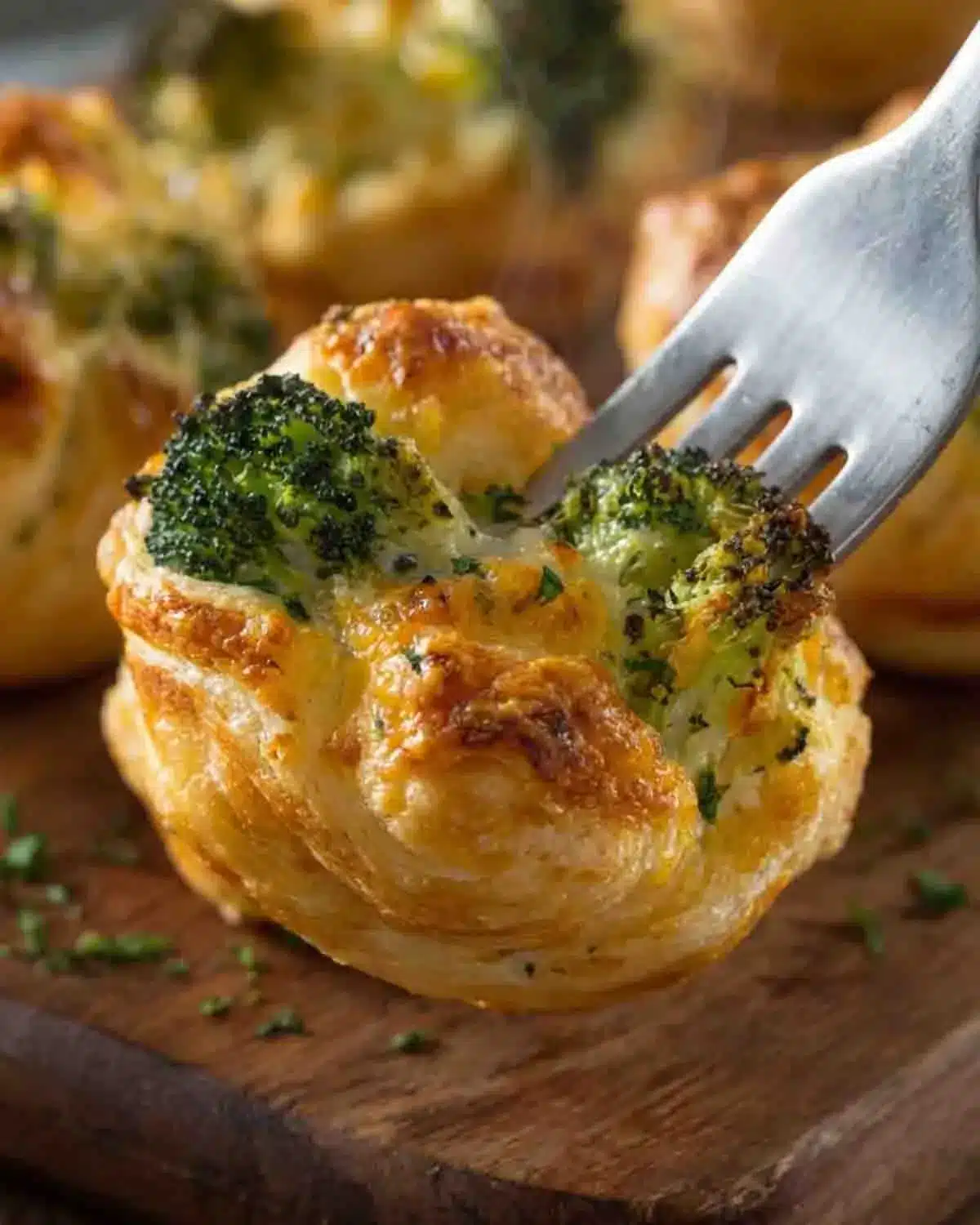 Cheesy Broccoli Puffs 4 Close-up of cheesy broccoli puffs with melted cheese and roasted broccoli, showing crispy golden texture on a wooden board