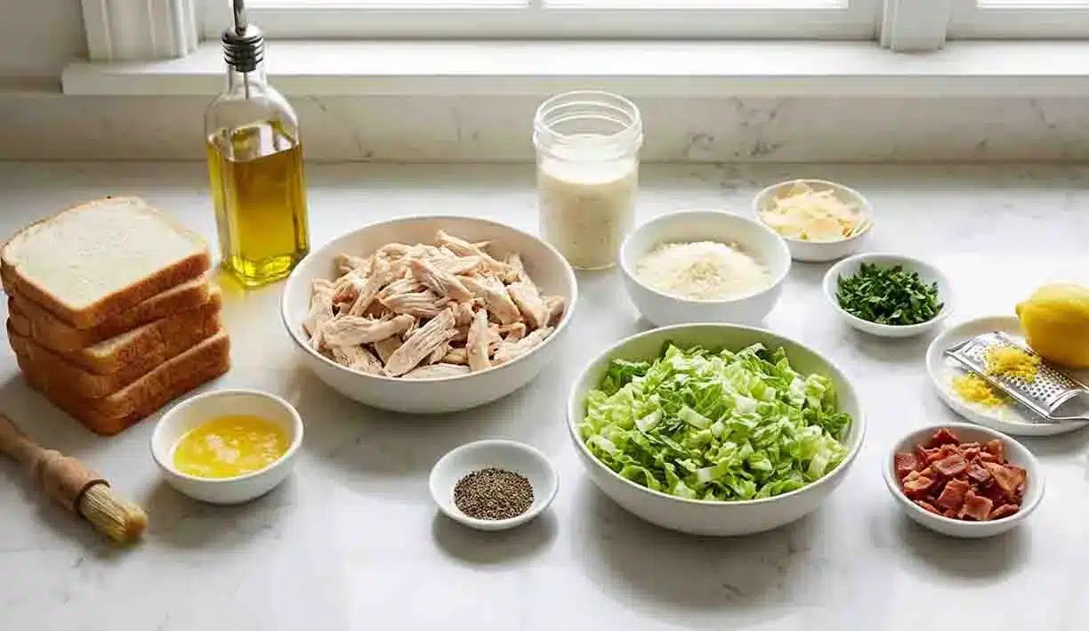 Chicken Caesar Crouton Cups 2 Chicken Caesar Crouton Cups ingredients including shredded chicken, romaine lettuce, bread slices, Parmesan cheese, and Caesar dressing