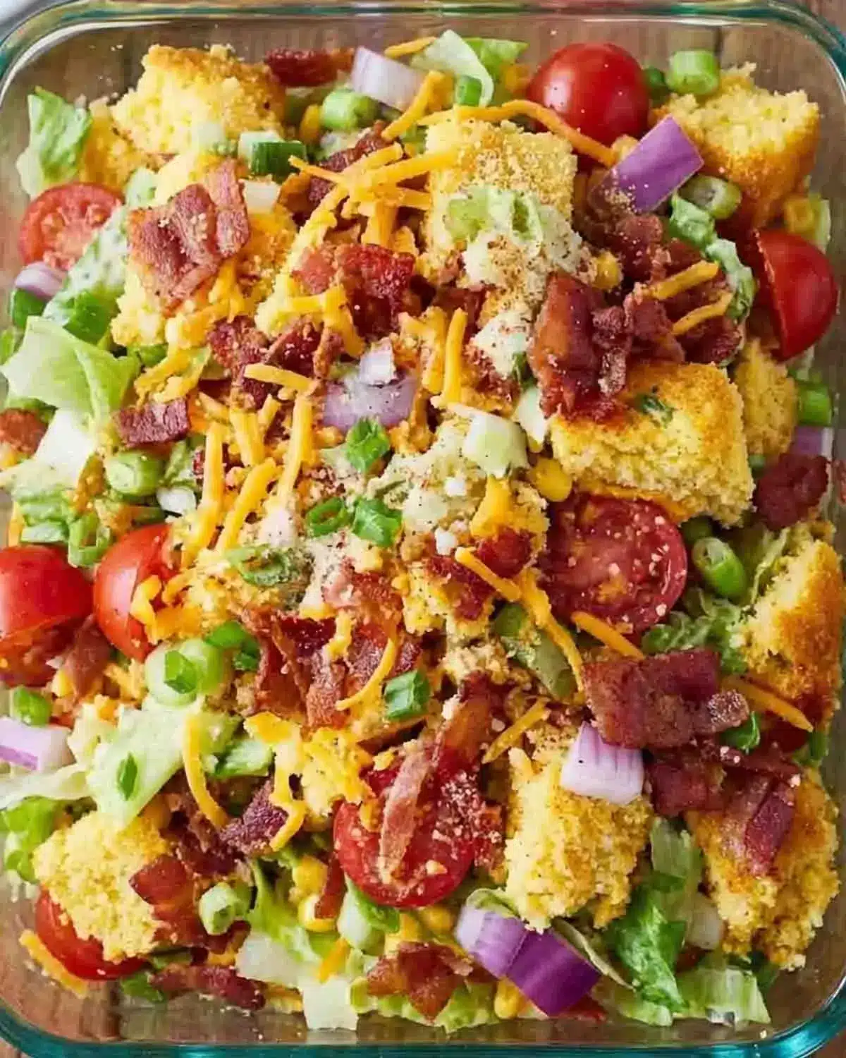 Cornbread Salad Recipe 3 Layered cornbread salad recipe with bacon, cheddar cheese, cherry tomatoes, and green onions in a glass dish