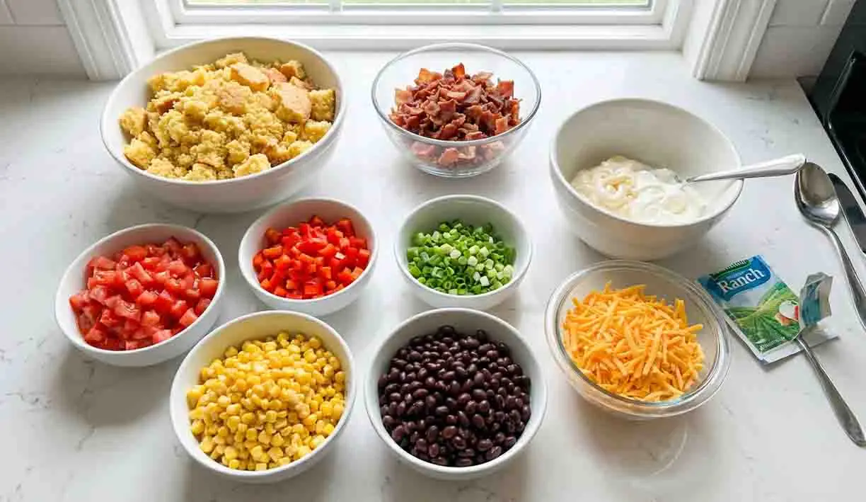 Cornbread Salad Recipe 2 Cornbread salad ingredients including cornbread, bacon, cheese, vegetables, black beans, corn, and ranch dressing