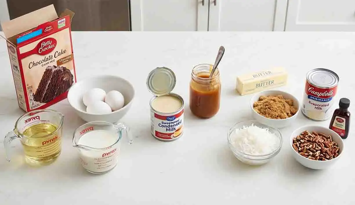 German Chocolate Poke Cake 2 Ingredients for German Chocolate Poke Cake including chocolate cake mix, eggs, oil, milk, sweetened condensed milk, caramel sauce, butter, brown sugar, evaporated milk, shredded coconut, pecans, and vanilla extract arranged on a kitchen counter.
