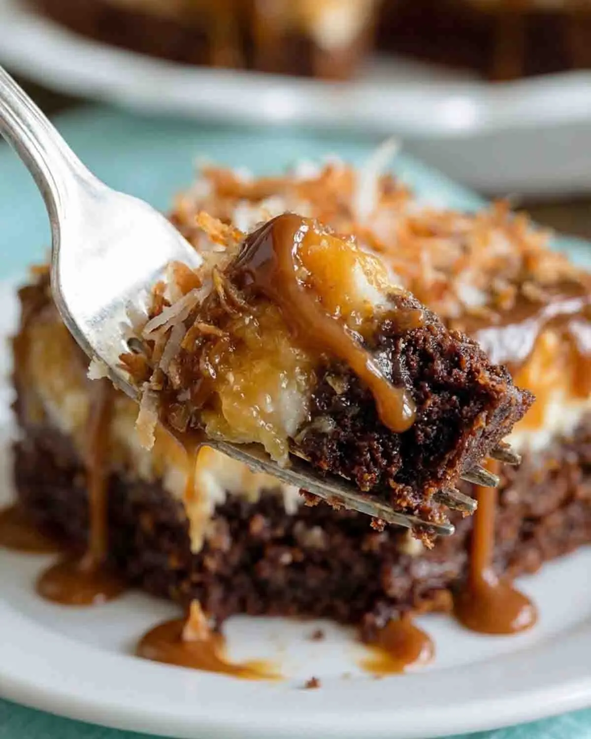 German Chocolate Poke Cake 4 Close-up view of German Chocolate Poke Cake with rich chocolate layers, coconut pecan topping, and caramel drizzle creating a moist and indulgent dessert texture.