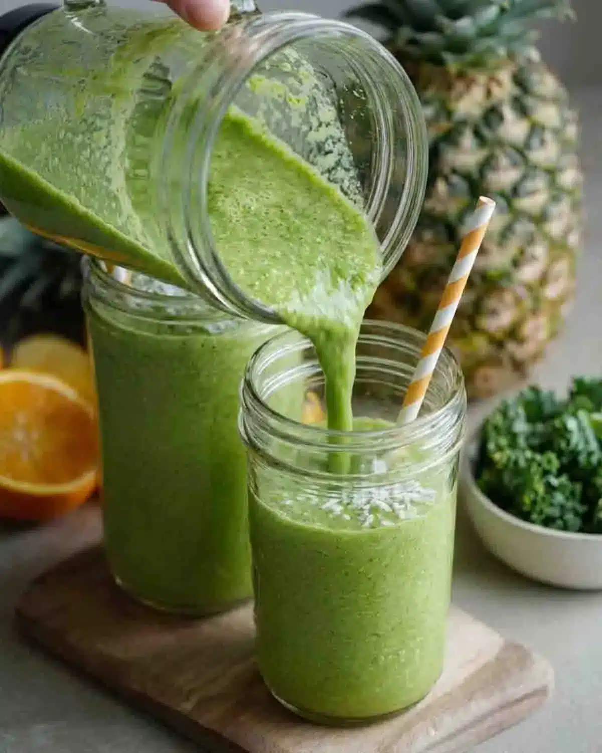Green Pineapple Coconut Smoothie 3 Green Pineapple Coconut Smoothie being poured into mason jars with fresh pineapple, orange, and leafy greens in the background