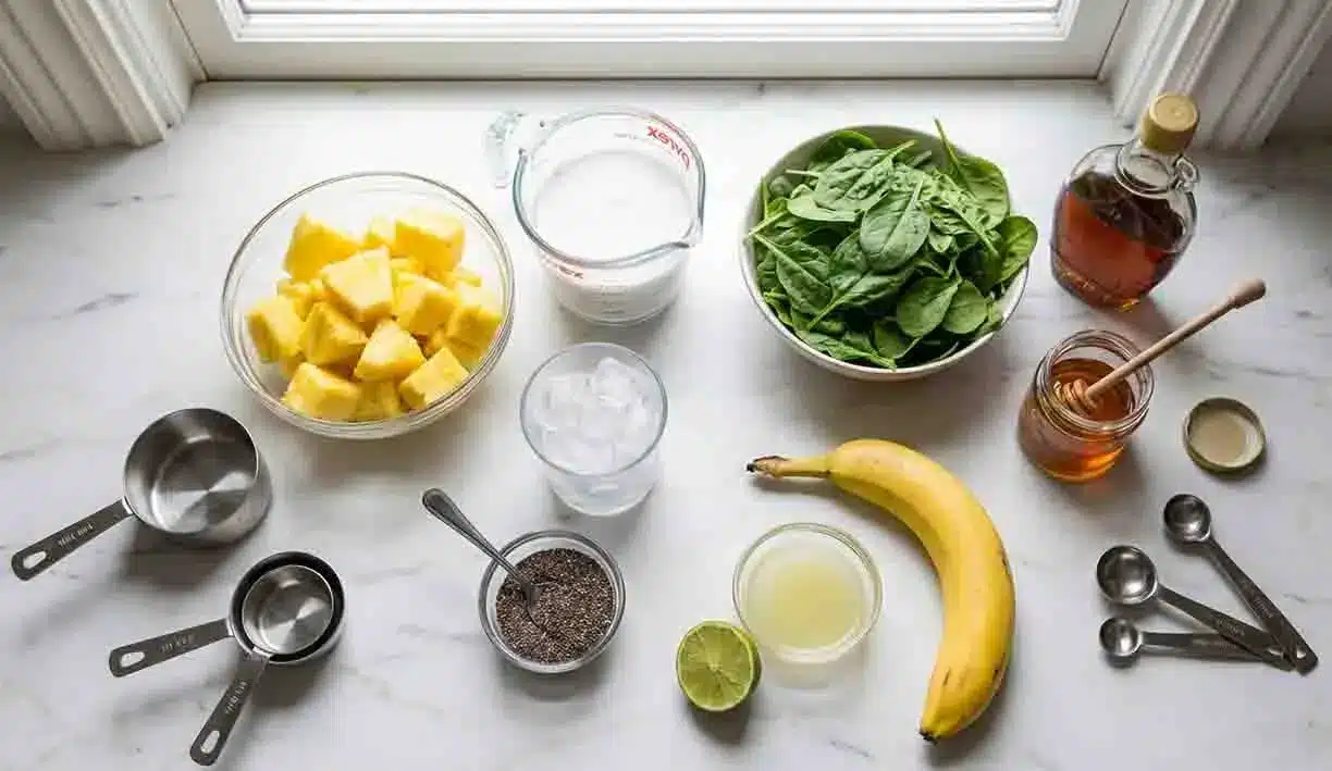 Green Pineapple Coconut Smoothie 2 Green Pineapple Coconut Smoothie ingredients laid out on a countertop including pineapple chunks, coconut milk, spinach, banana, honey, lime, chia seeds, and measuring tools