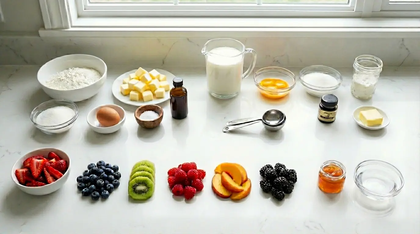 Fruit Tart with Pastry Cream 2 Ingredients for fruit tart with pastry cream including flour, butter, eggs, milk, sugar, vanilla, and fresh fruits like strawberries, blueberries, kiwi, and raspberries