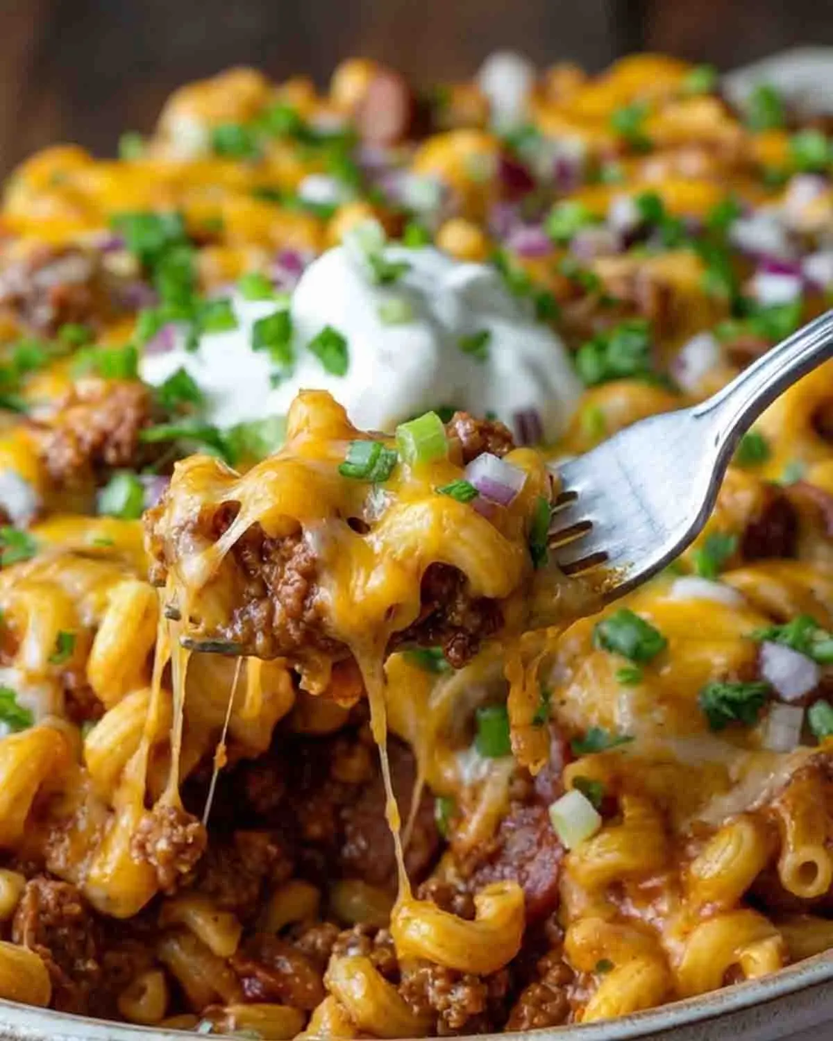 Loaded Chili Cheese Dog Pasta Bake 4 Fork lifting a cheesy bite of loaded chili cheese dog pasta bake with ground beef chili, melted cheddar, elbow pasta, and green onions.