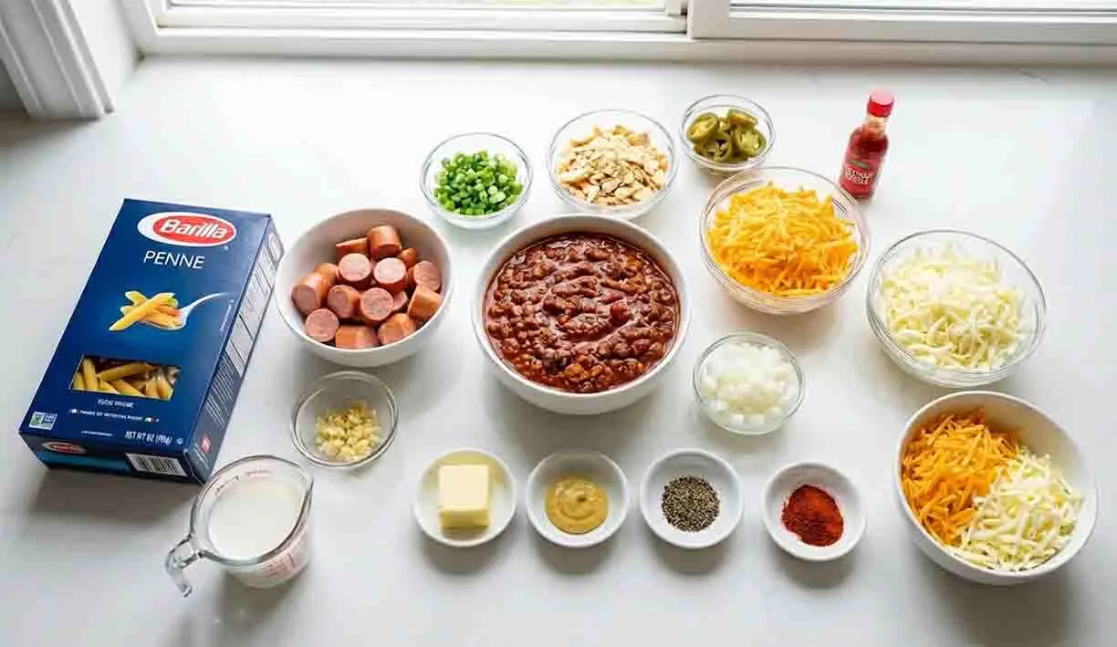 Loaded Chili Cheese Dog Pasta Bake 2 Ingredients for loaded chili cheese dog pasta bake including penne pasta, sliced hot dogs, chili, shredded cheese, jalapeños, green onions, mustard, spices, and milk arranged on a white countertop.