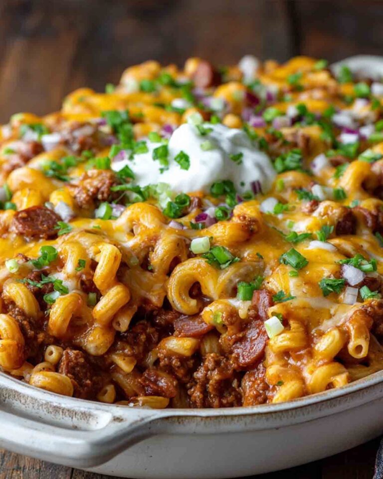 Loaded Chili Cheese Dog Pasta Bake