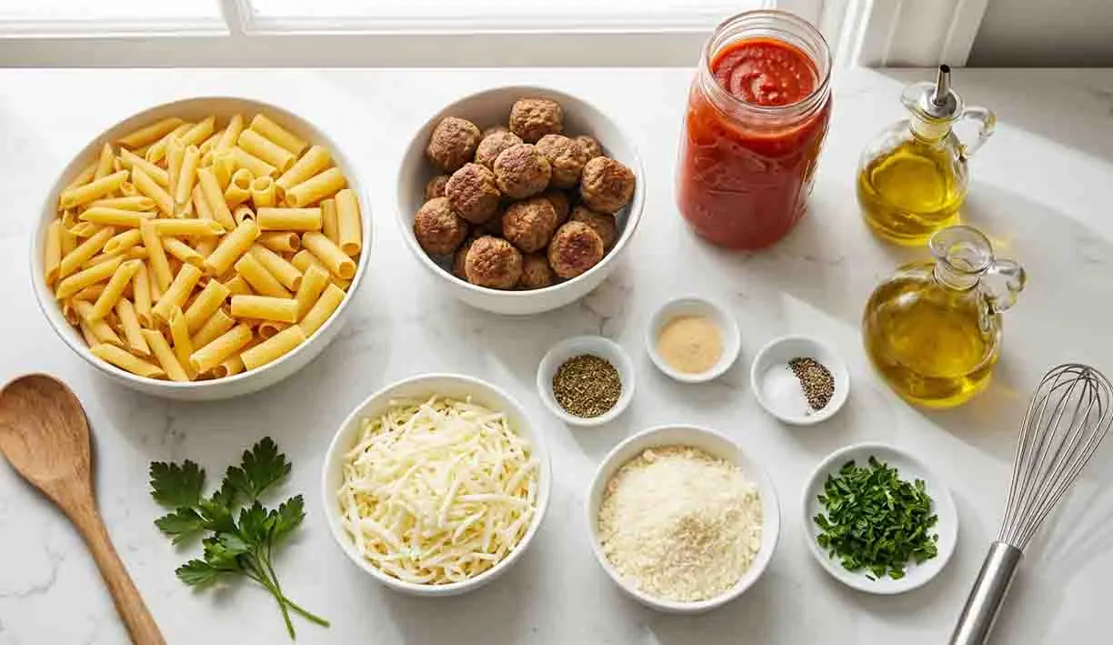 Meatball Parmesan Casserole Recipe 2 Meatball parmesan casserole ingredients including pasta, meatballs, marinara sauce, mozzarella cheese, parmesan, olive oil, and fresh herbs on a kitchen counter