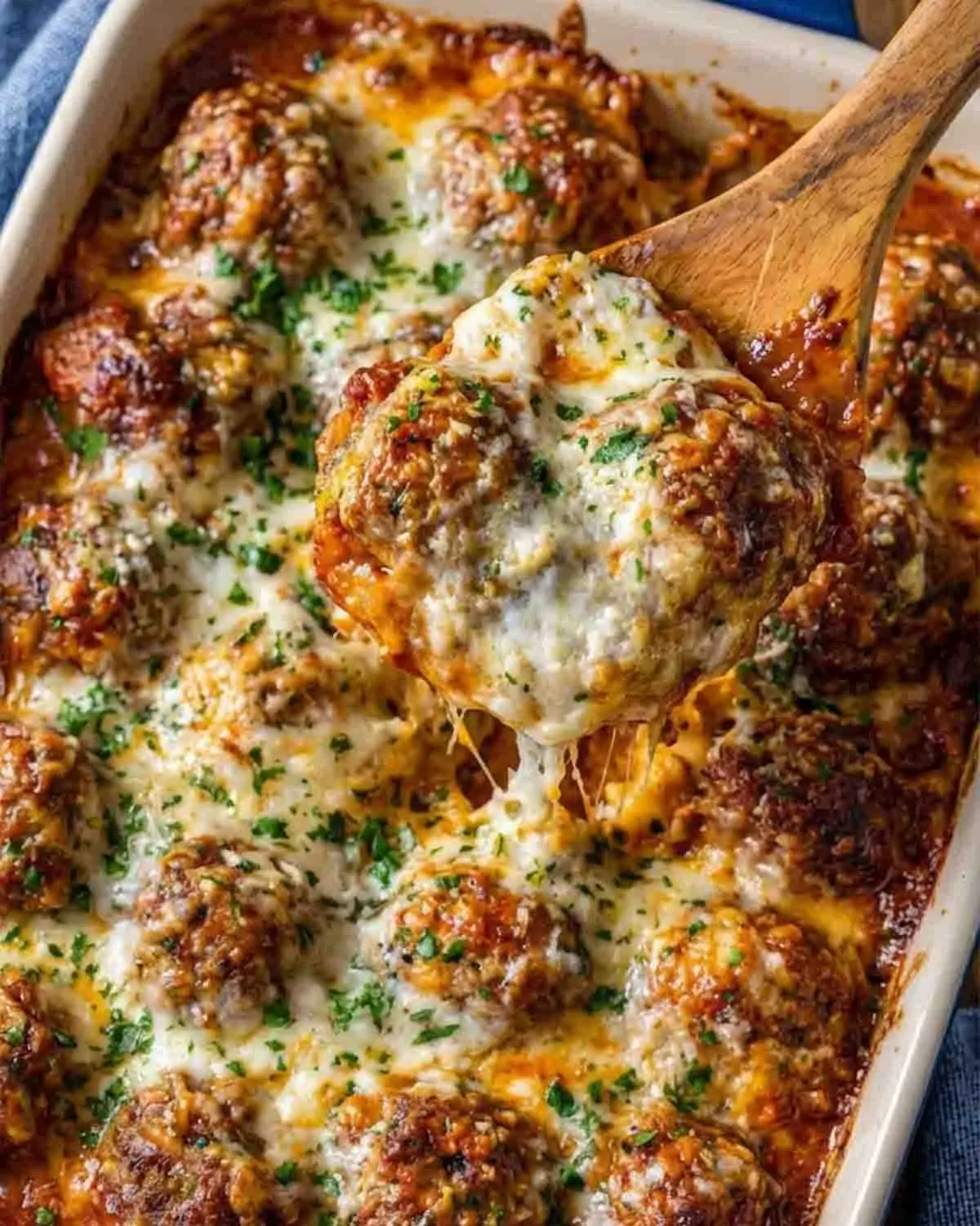 Meatball Parmesan Casserole Recipe 3 Meatball parmesan casserole in baking dish with melted mozzarella cheese and marinara sauce being served with a spoon