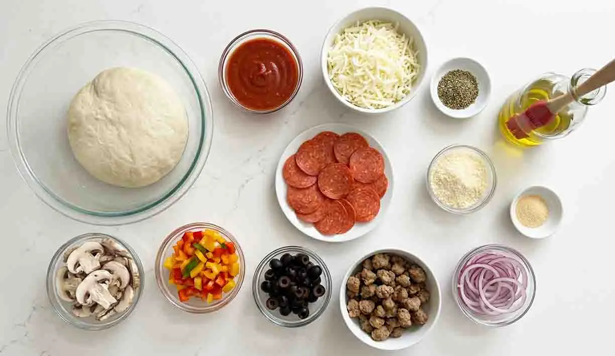 Pizza Pockets Recipe 2 Ingredients for homemade pizza pockets recipe including pizza dough, mozzarella cheese, pepperoni, pizza sauce, mushrooms, bell peppers, olives, sausage, onions, and olive oil arranged on a clean surface