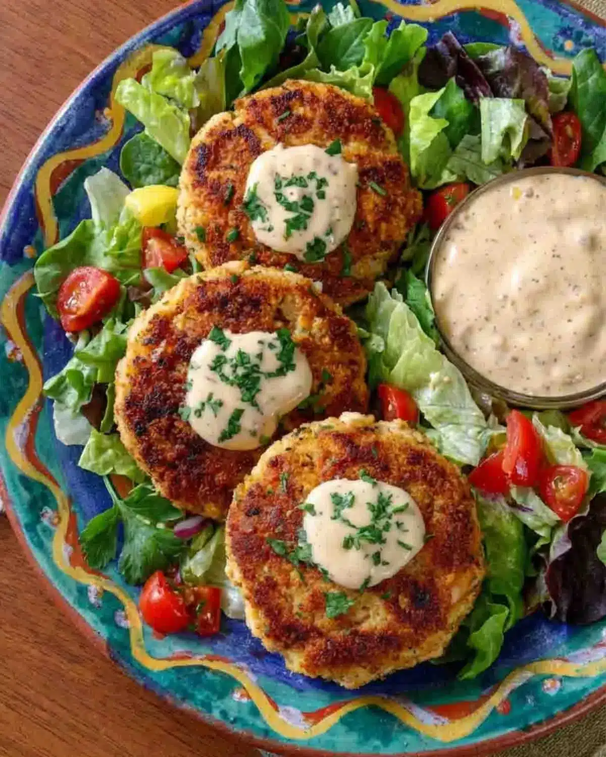Salmon Croquettes with Remoulade Sauce 3 Salmon croquettes with remoulade sauce served on a fresh salad with tomatoes and greens on a colorful plate