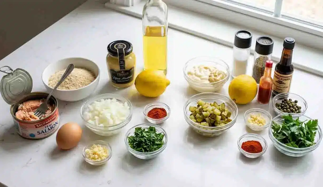 Salmon Croquettes with Remoulade Sauce 2 Ingredients for salmon croquettes with remoulade sauce including canned salmon, breadcrumbs, eggs, herbs, and seasonings on a kitchen counter