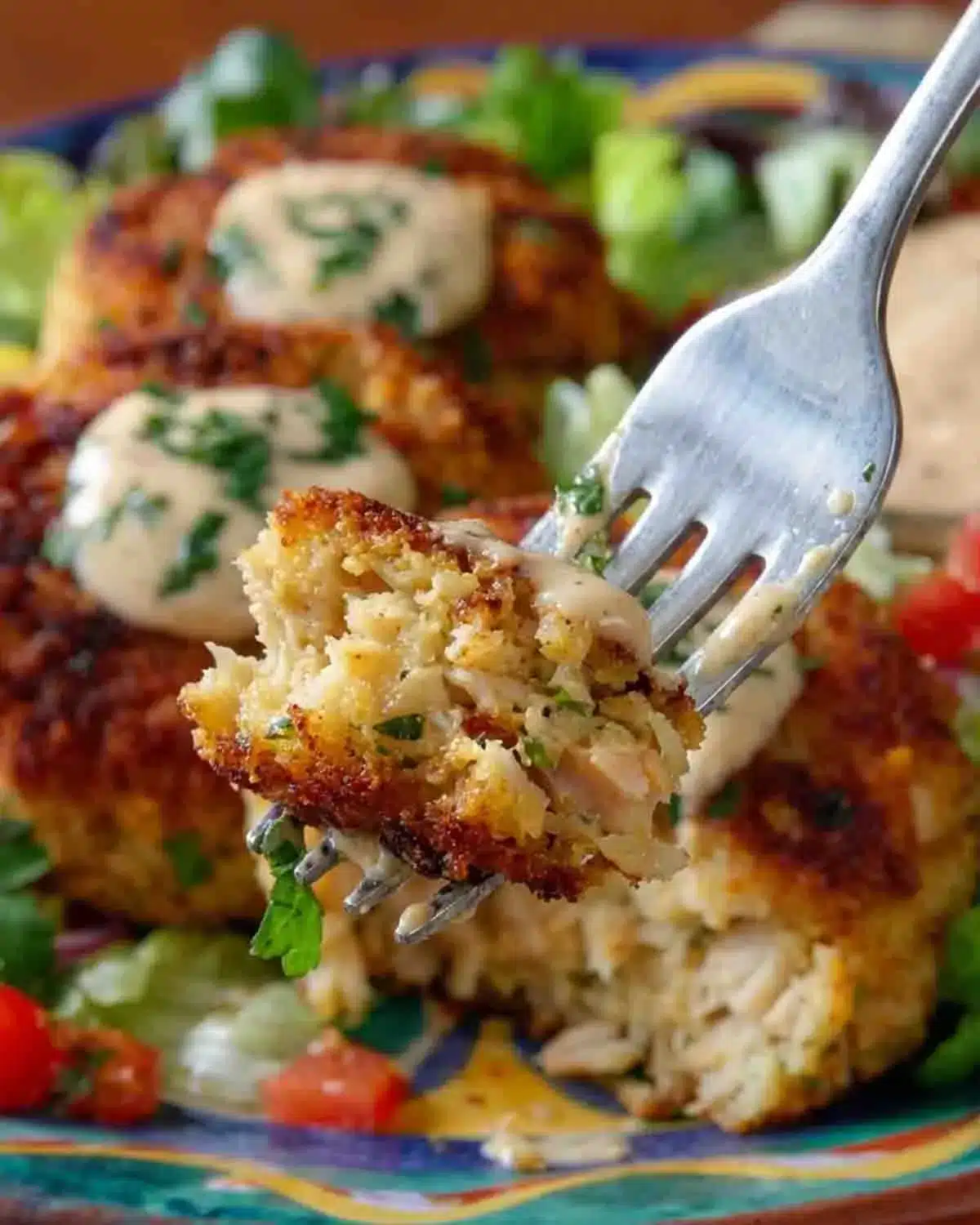 Salmon Croquettes with Remoulade Sauce 4 Close-up of salmon croquette with remoulade sauce on a fork, showing crispy texture and flaky salmon inside