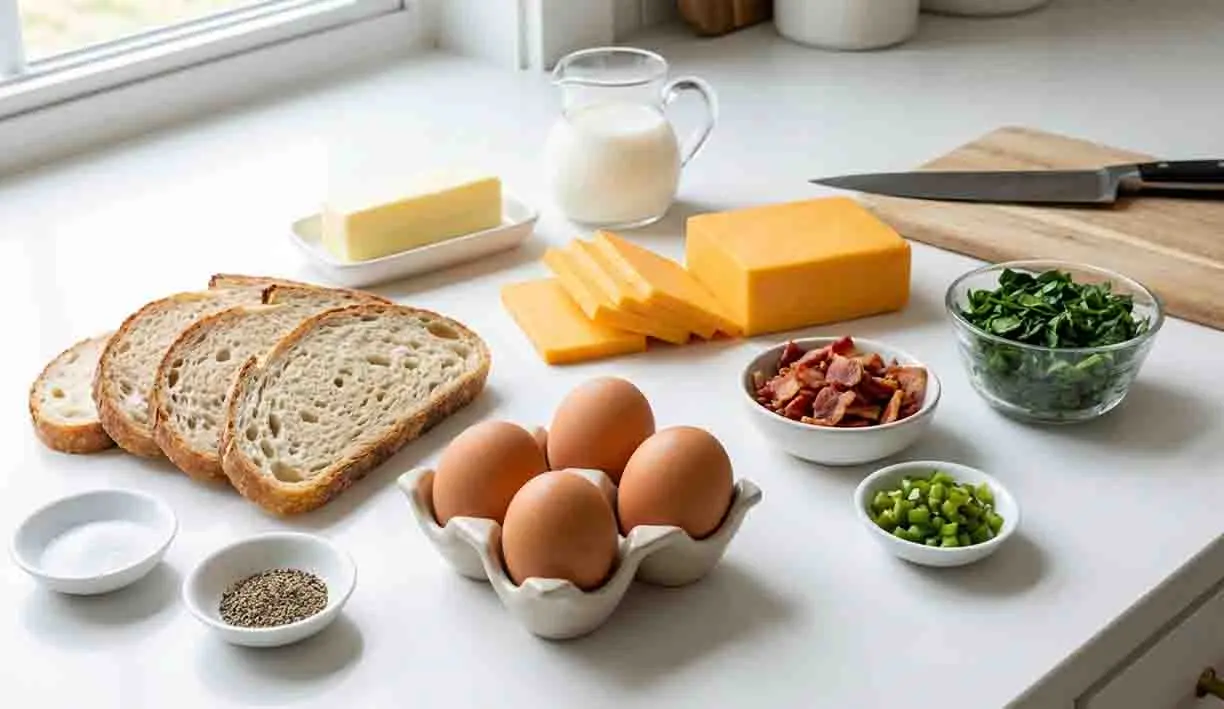 Scrambled Egg Grilled Cheese Sandwich 2 Ingredients for scrambled egg grilled cheese sandwich including eggs, sliced bread, cheddar cheese, butter, milk, bacon, and green onions on a kitchen counter