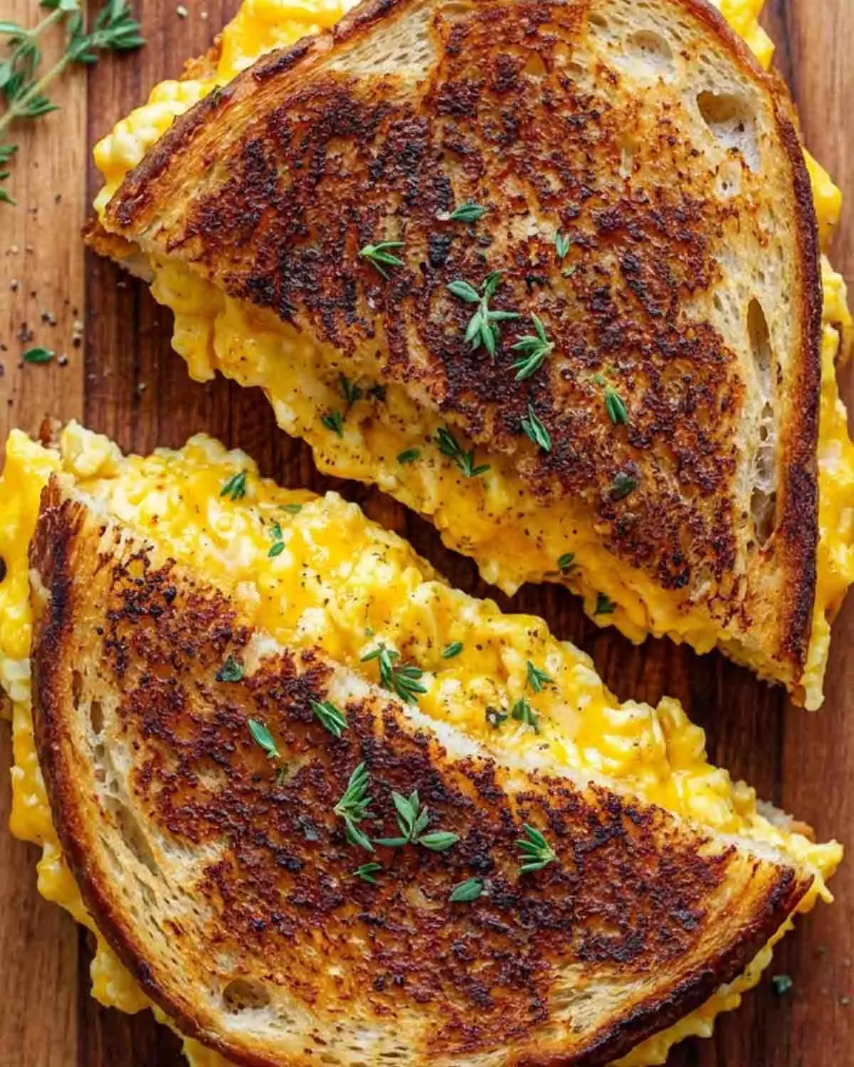 Scrambled Egg Grilled Cheese Sandwich 3 Crispy scrambled egg grilled cheese sandwich with melted cheddar and fluffy eggs served on toasted golden bread