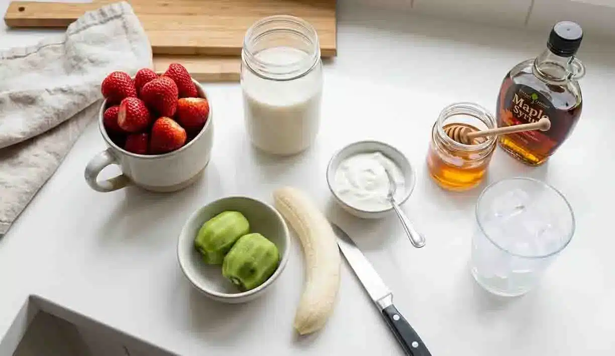 Strawberry-Kiwi Smoothie 2 Strawberry-Kiwi Smoothie ingredients including fresh strawberries, kiwi, banana, yogurt, milk, honey, and ice on a kitchen counter