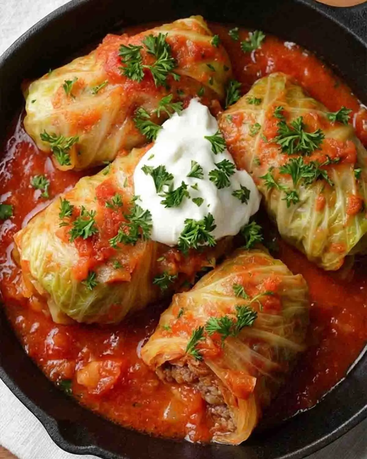 Stuffed Cabbage Rolls Recipe 3 Stuffed cabbage rolls baked in rich tomato sauce, filled with seasoned ground meat and rice, topped with sour cream and fresh parsley in a skillet