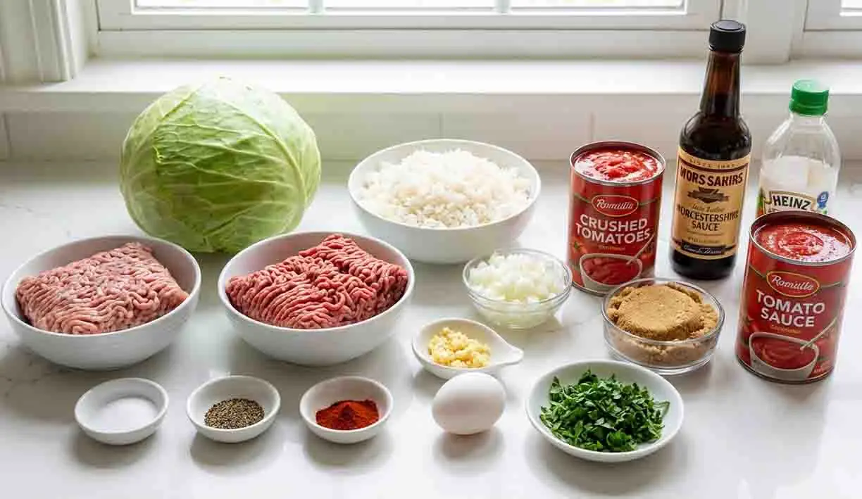 Stuffed Cabbage Rolls Recipe 2 Ingredients for stuffed cabbage rolls including ground beef, ground pork, cabbage, cooked rice, crushed tomatoes, tomato sauce, onion, garlic, egg, parsley, and seasonings arranged on a kitchen counter
